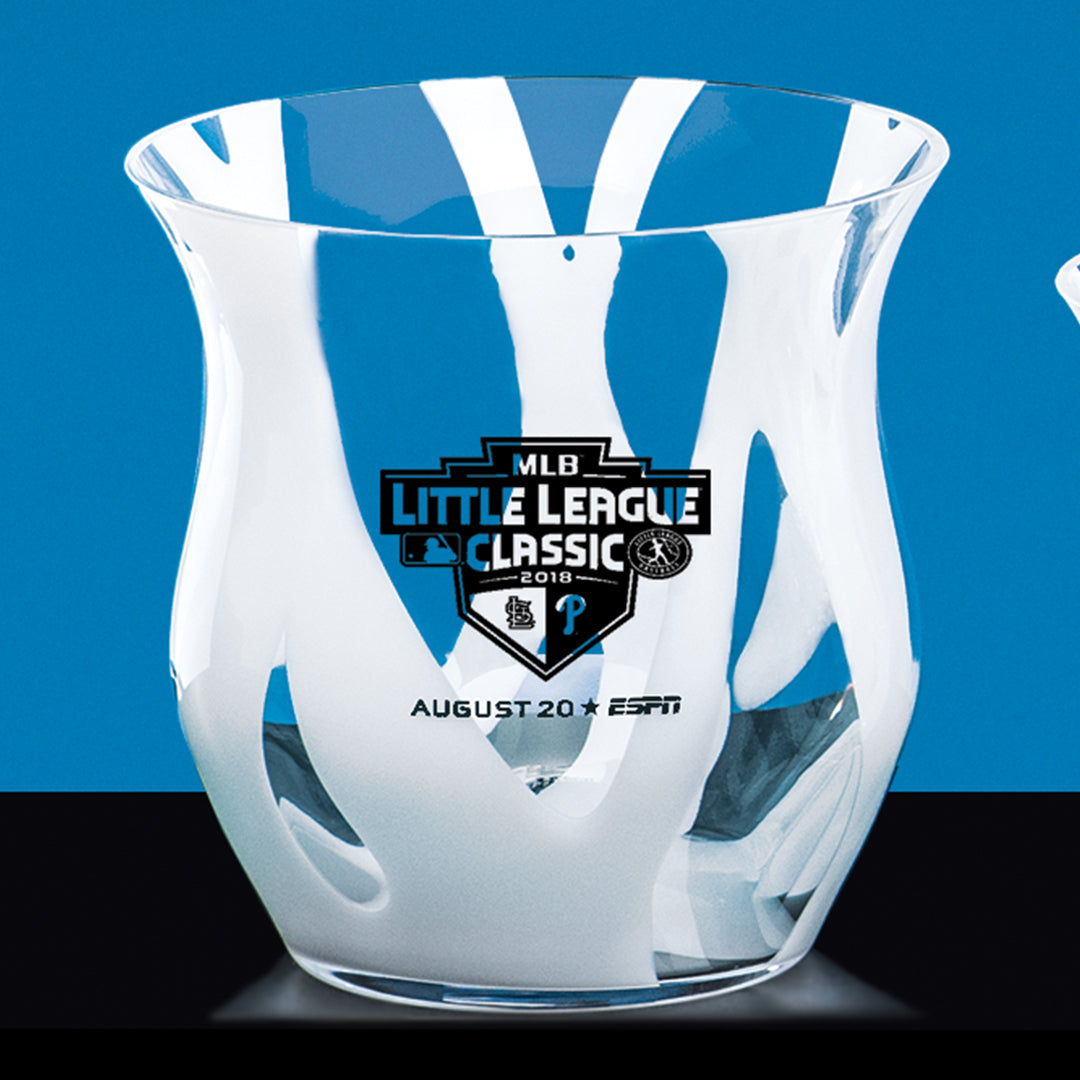 The Prize Possessions Clear Bowl with White Wave features the MLB Little League Classic 2018 logo, August 20 date, and ESPN logo on a vivid blue background.