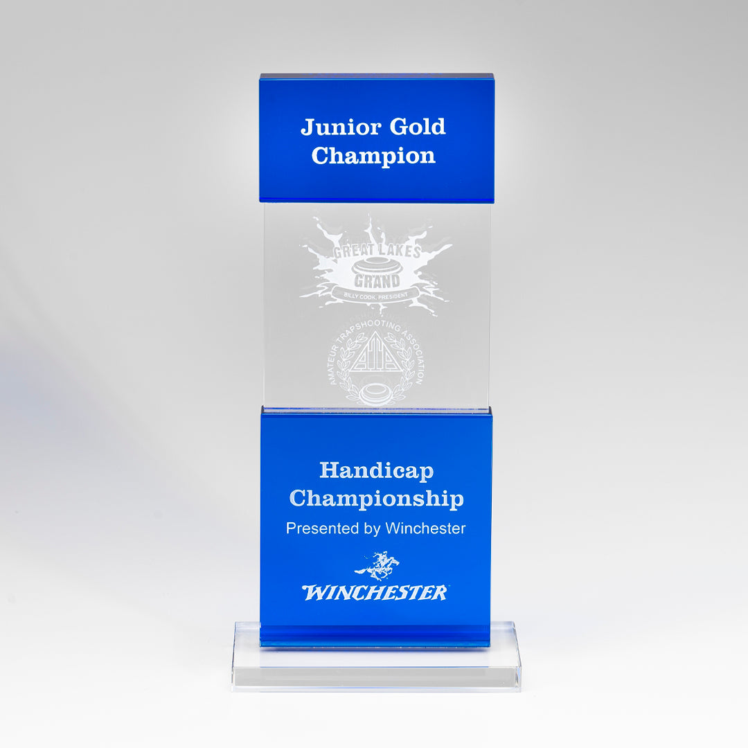 The Crystal Blue Tiered Post Award by Prize Possessions, featuring "Junior Gold Champion, Handicap Championship Presented by Winchester" and the Winchester logo, was presented at the Great Lakes Grand event.