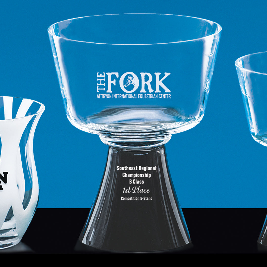 The Harmony Bowl/Black Footed Base by Prize Possessions features "THE FORK AT TRION INTERNATIONAL EQUESTRIAN CENTER" etched on the bowl and "Southeast Regional Championship B Class 1st Place Competition 5-Stand" engraved on its base—an elegant centerpiece.