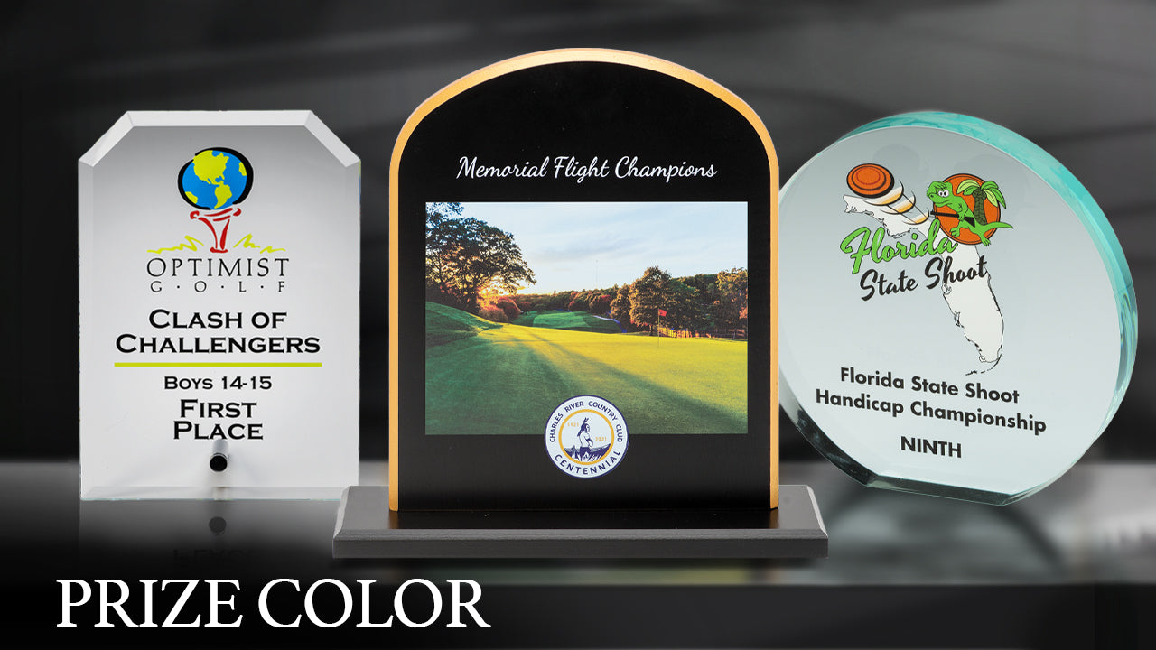 Three colorful golf tournament trophies are displayed, including one with a scenic golf course photo, one for Clash of Challengers first place, and one for Florida State Shoot ninth place. The text PRIZE COLOR is at the bottom.