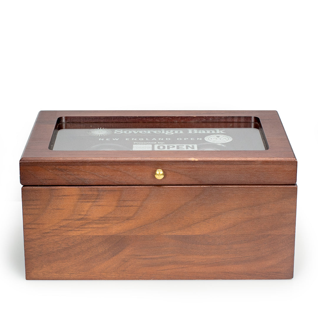 The Prize Possessions Wood DOF Box with Glass Cover (2 ea. 2022) is a rectangular collectible display case featuring "Sovereign Bank New England Open," an OPEN sign inside, and a gold latch on the front.