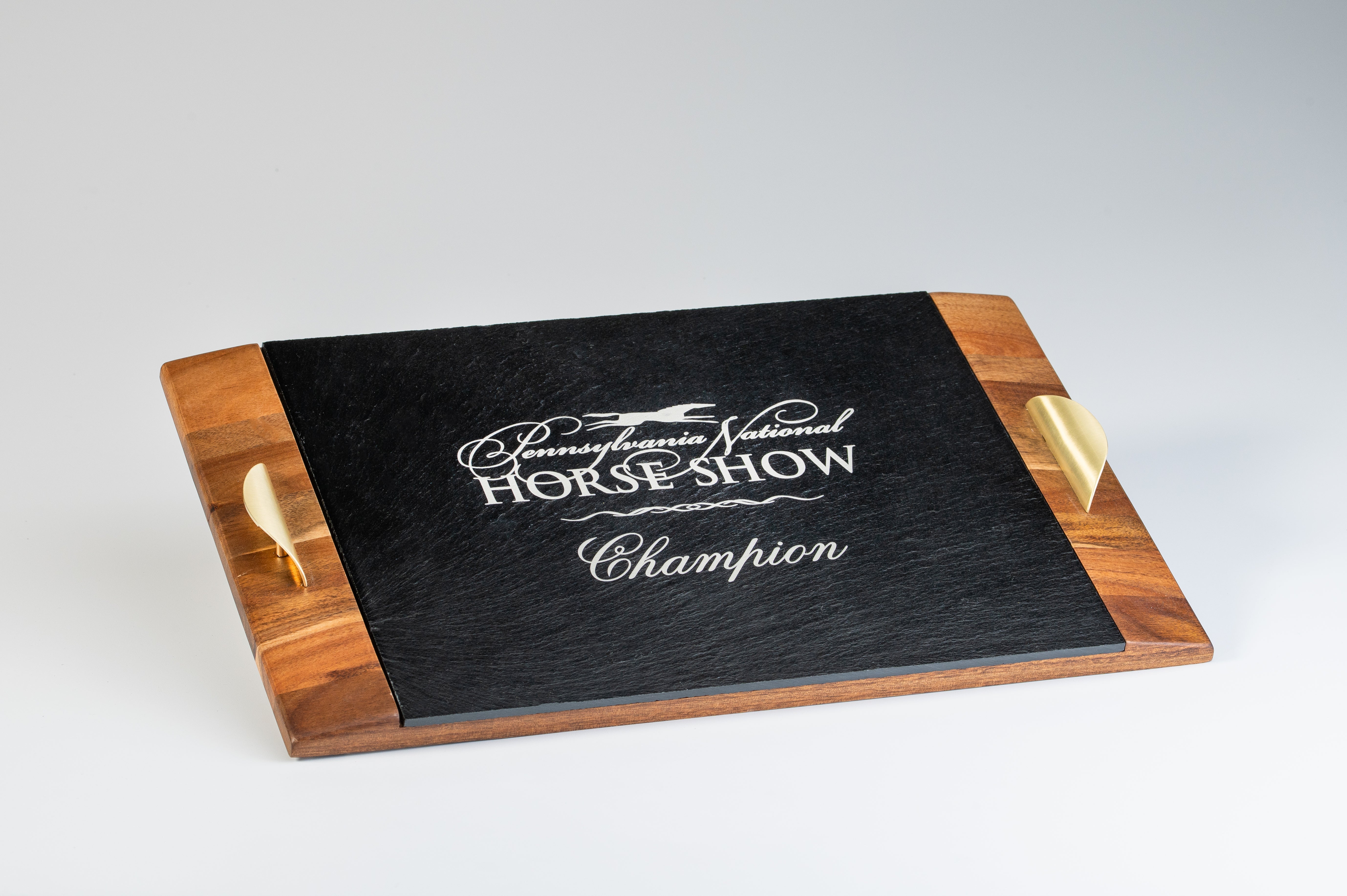 Acacia Wood and Slate Tray with Gold Handles