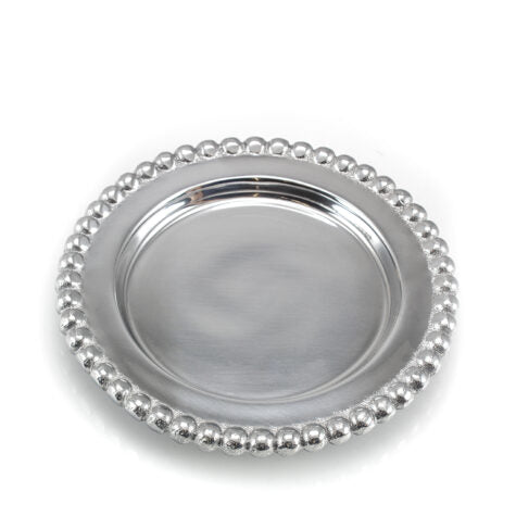 The Prize Possessions Beaded Wine Plate features a round, silver-toned design with a smooth center and decorative beaded edge, shown here against a white background.