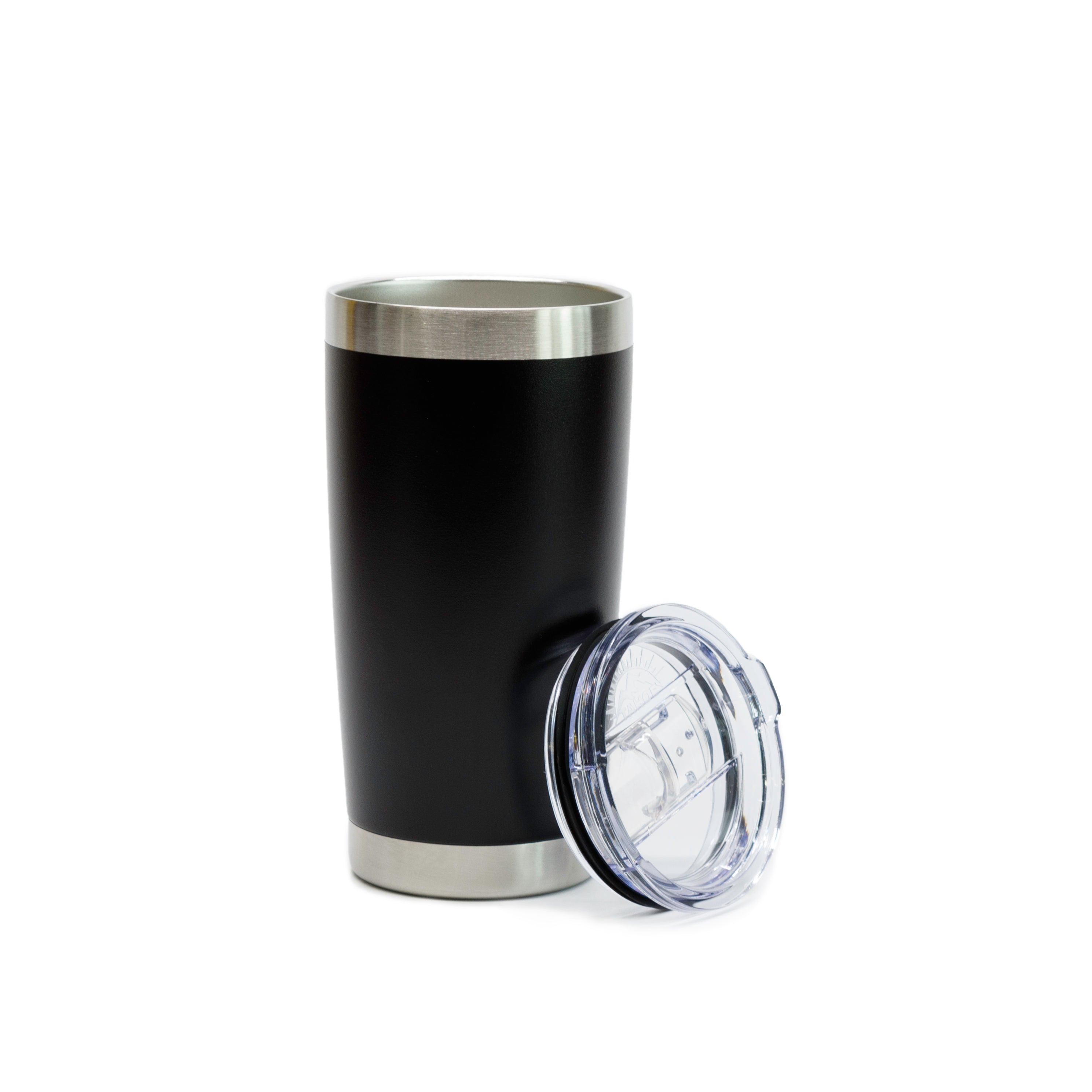 The Black Polar Tumbler by Prize Possessions is a sleek black stainless steel travel mug featuring a silver rim and base, displayed with a clear plastic lid beside it on a white background.