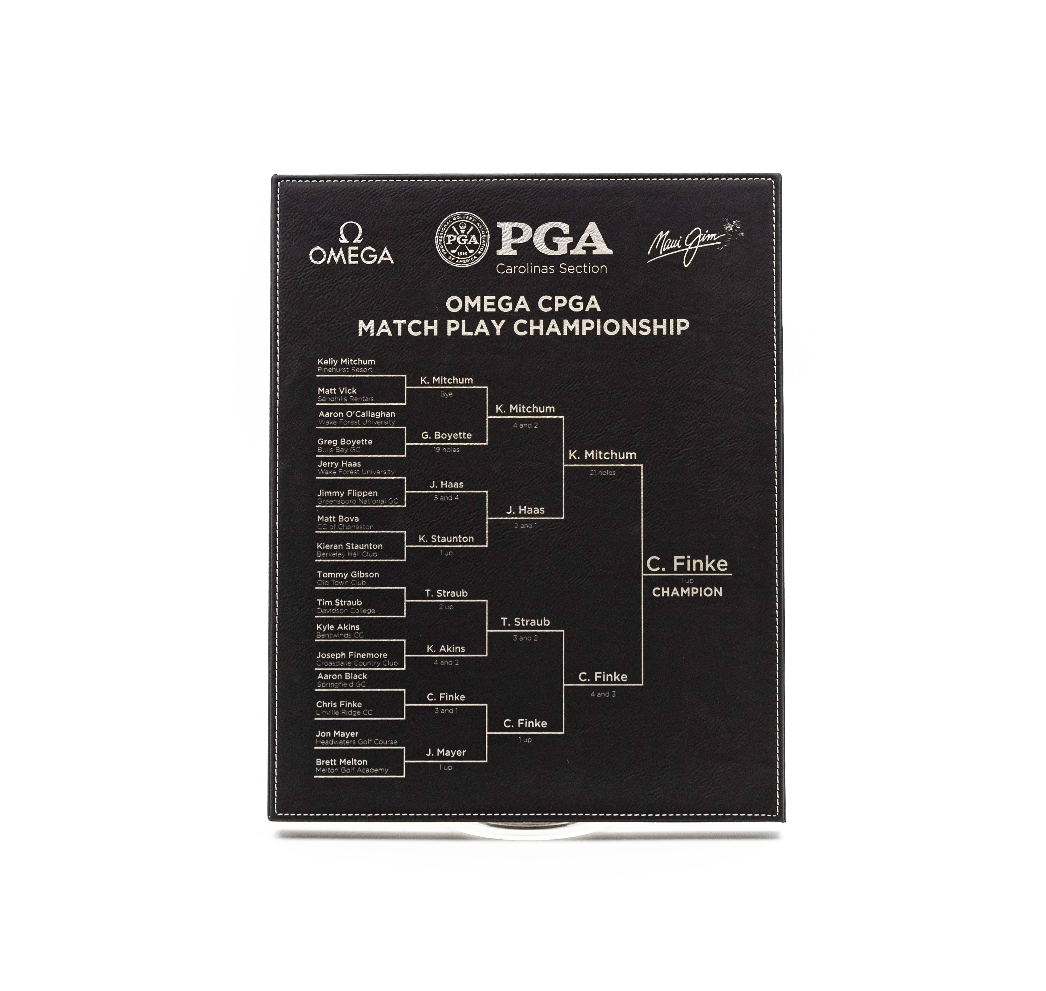The Prize Possessions Black/Silver Leatherette Plaque showcases the Omega CPGA Match Play Championship bracket, featuring player names and champion C. Finke highlighted at the bottom right for lasting recognition.