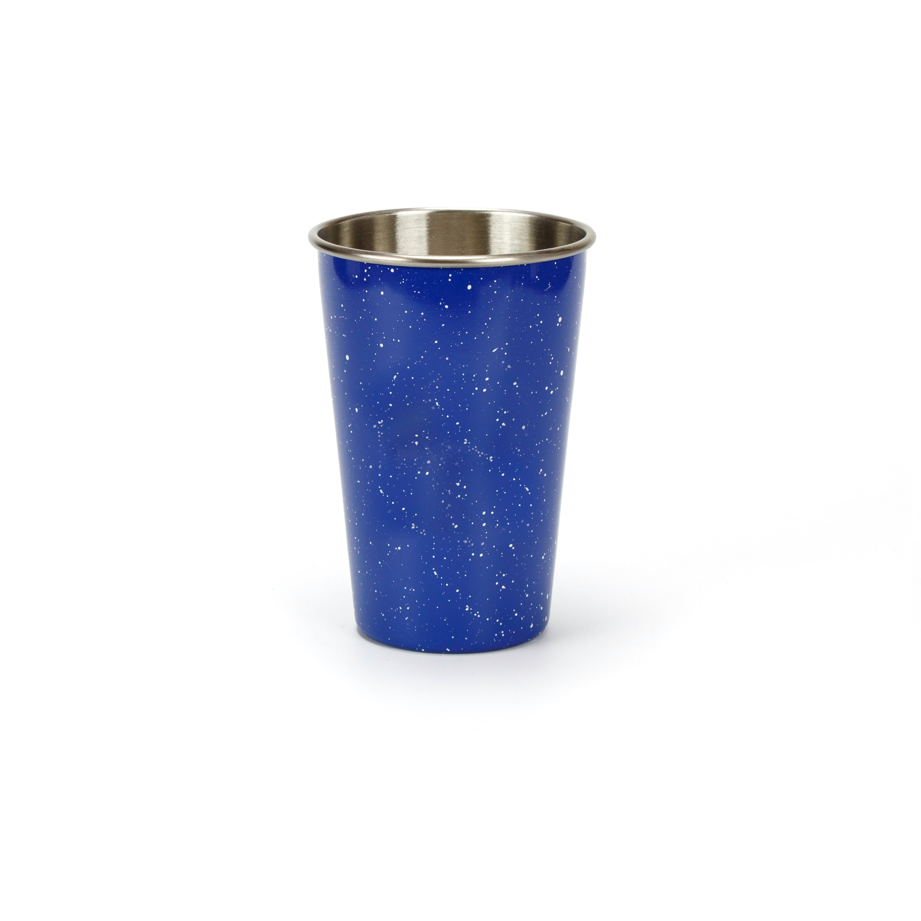 The Prize Possessions Blue Festival Cup, featuring a speckled white pattern and stainless steel interior, stands upright on a white background—ideal for event drinkware or festive glassware needs.