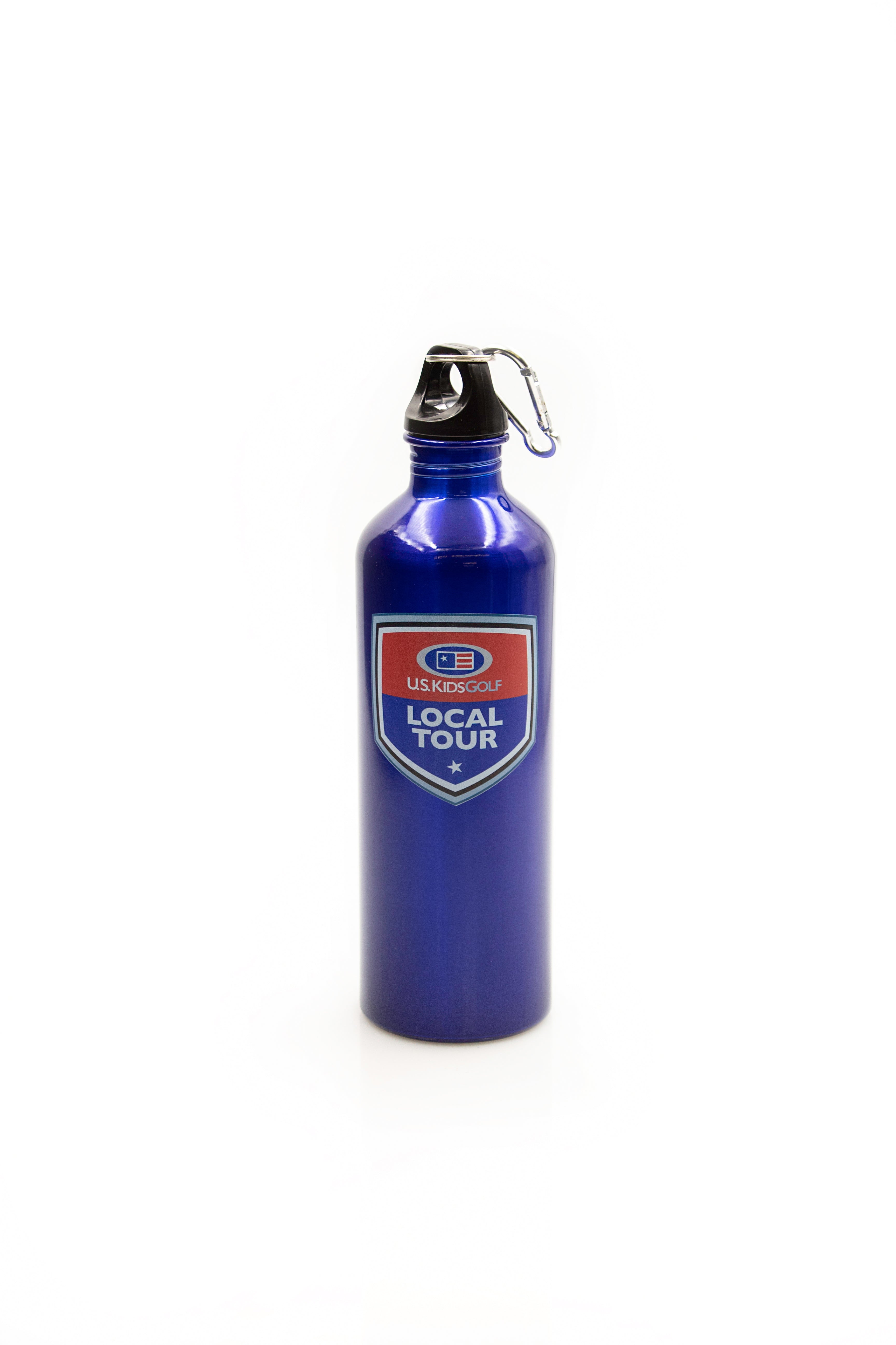 The Prize Possessions Blue Water Bottle with Clip features a metallic blue finish, black cap, clip carabiner, and a U.S. Kids Golf Local Tour logo on the front. Ideal for golf enthusiasts. Background is plain white.