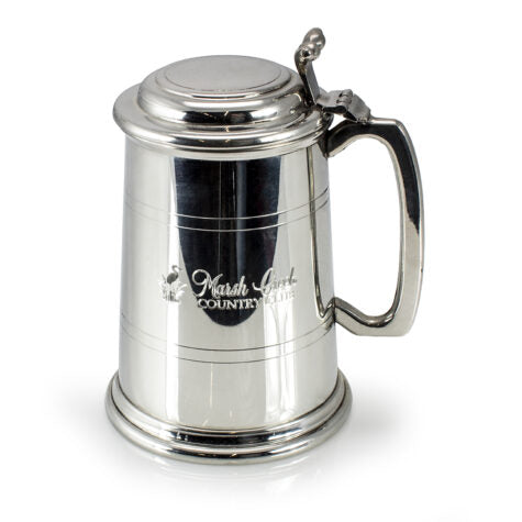 The Prize Possessions British Pewter Lidded Tankard features a handle, an engraved Marsh Lands Country Club logo, and a small side graphic.