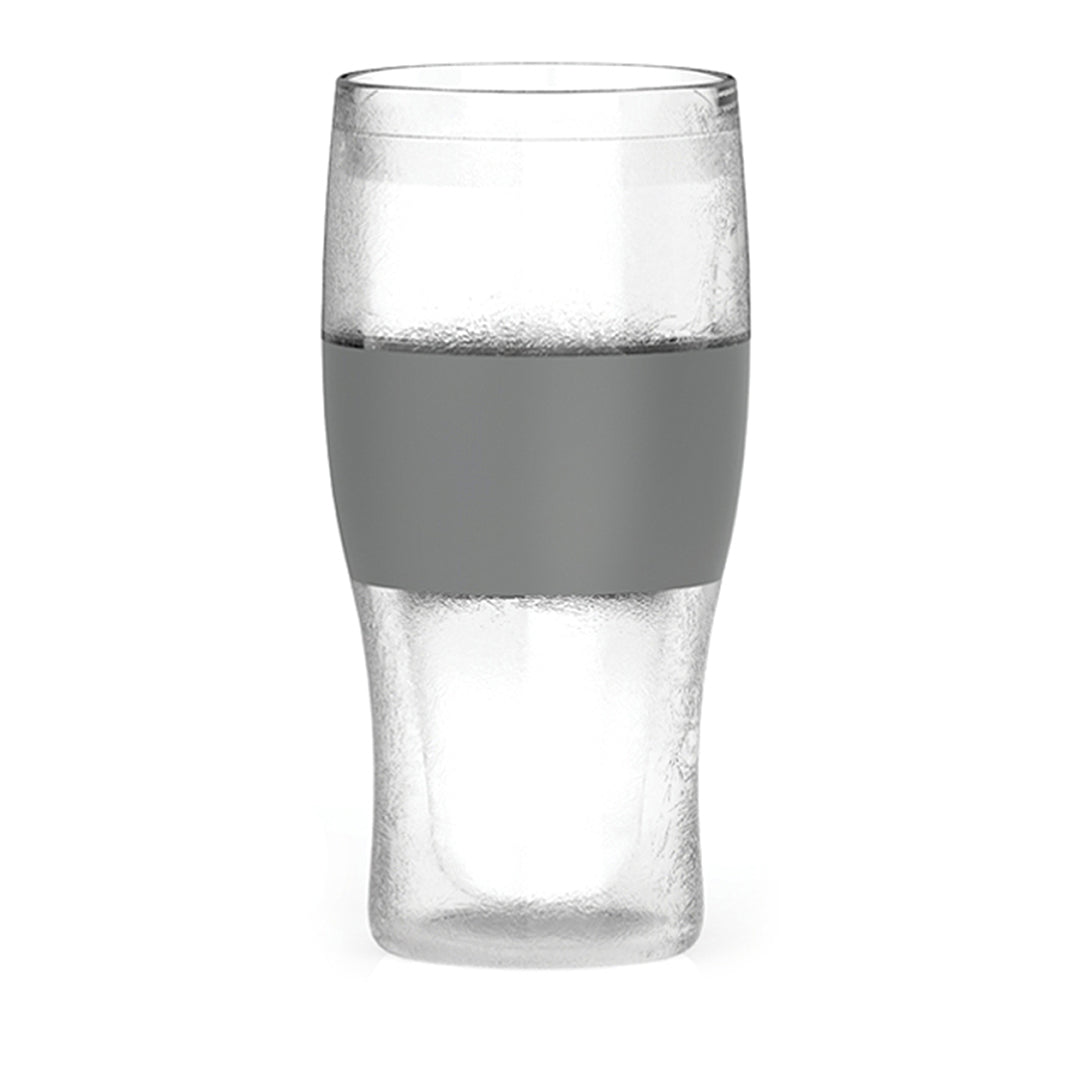 The Prize Possessions Cooling Freeze Pint Glass features a clear, frosted design with a matte gray band around the middle, displayed on a plain white background.