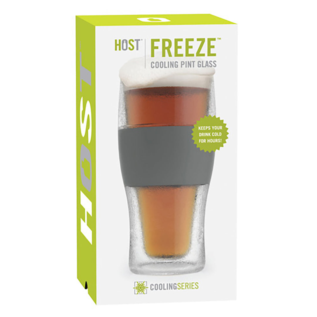 A box of Prize Possessions Cooling Freeze Pint Glass shows the frosted pint filled with beer and foam, featuring a gray grip. The text notes this accessory keeps drinks cold for hours.