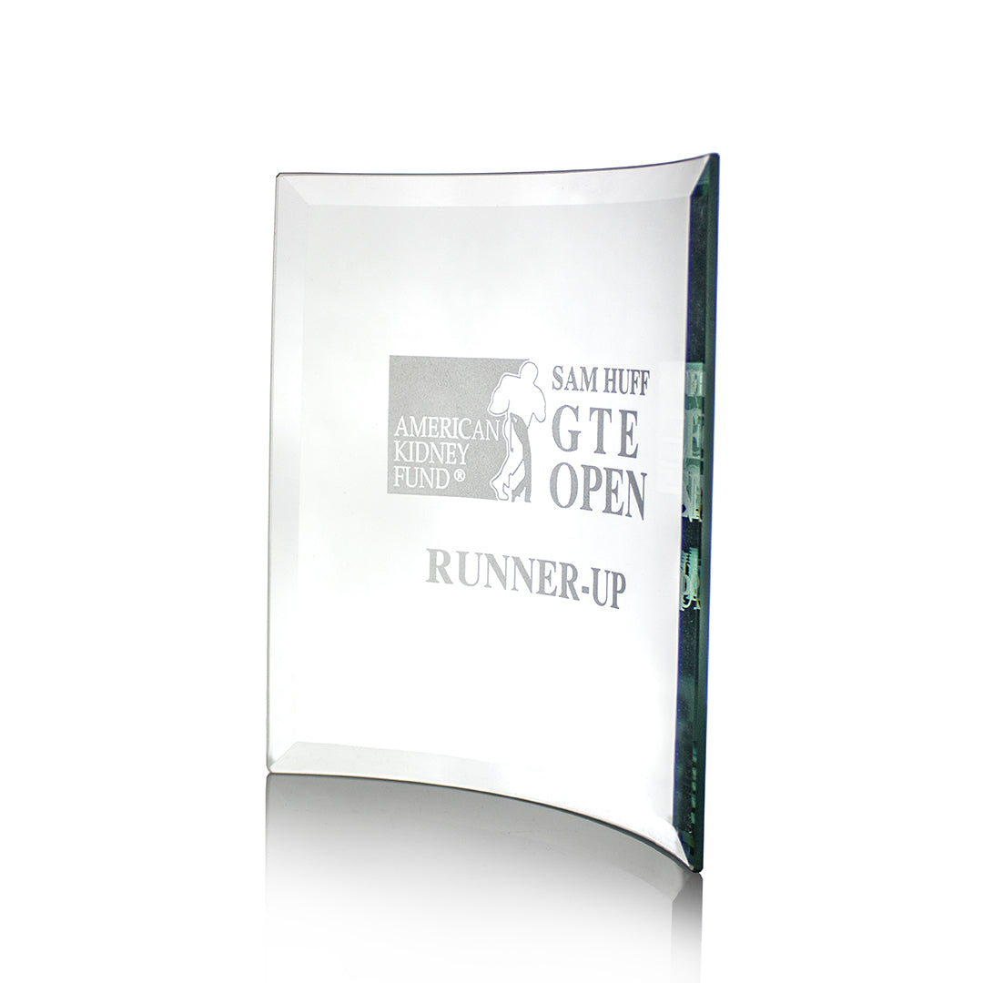 The Prize Possessions Crystal Curve Award stands upright on a white background, engraved with American Kidney Fund, Sam Huff GTE Open, and Runner-Up. Its sleek, slightly curved design makes it ideal for employee recognition or corporate awards.