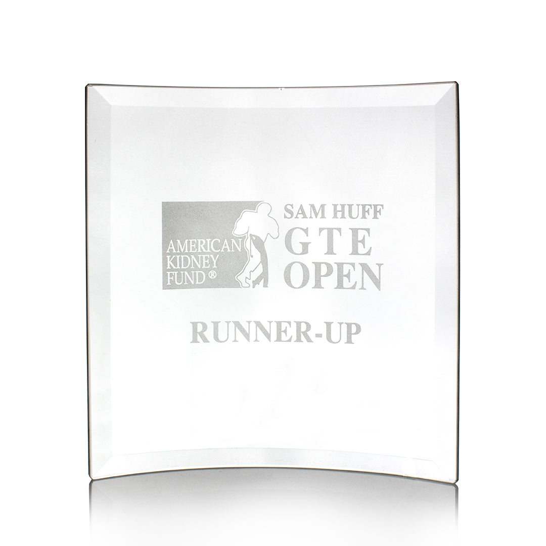 The Crystal Curve Award by Prize Possessions, engraved with “AMERICAN KIDNEY FUND,” “SAM HUFF GTE OPEN,” and “RUNNER-UP,” is ideal for employee recognition or honoring achievements at corporate events.