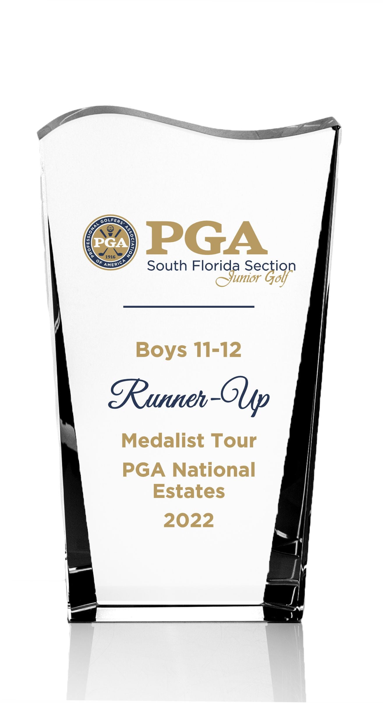 The Prize Possessions Crystal Facet Wave features the PGA South Florida Section Junior Golf logo and is engraved: Boys 11-12 Runner-Up, Medalist Tour, PGA National Estates, 2022—ideal for celebrating recognition or achievement.