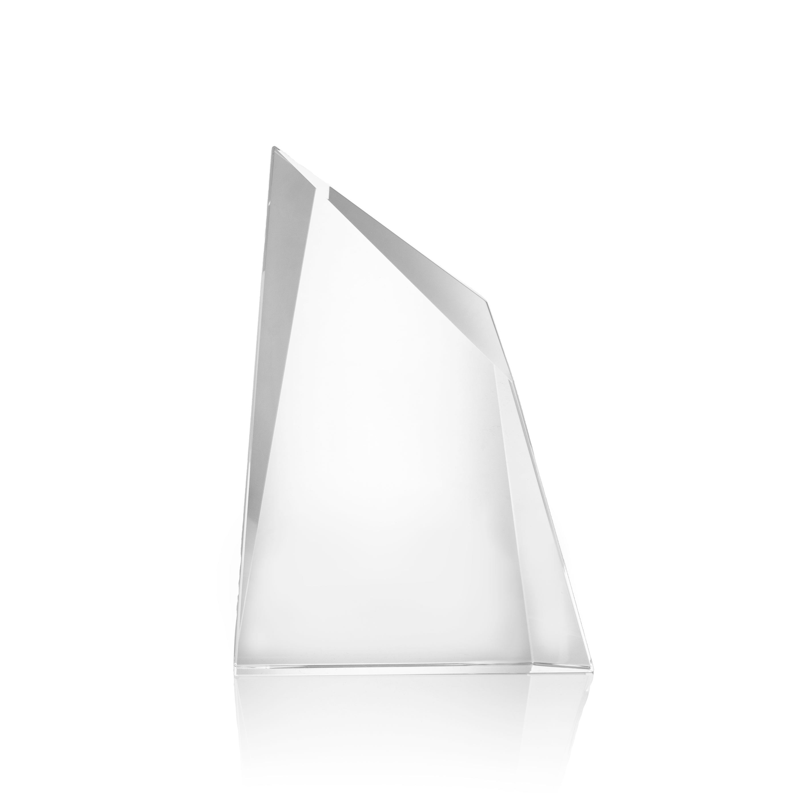 The Prize Possessions Crystal Facet Wedge features sharp, angular edges and stands upright on a white background with a soft reflection—perfect for corporate recognition.