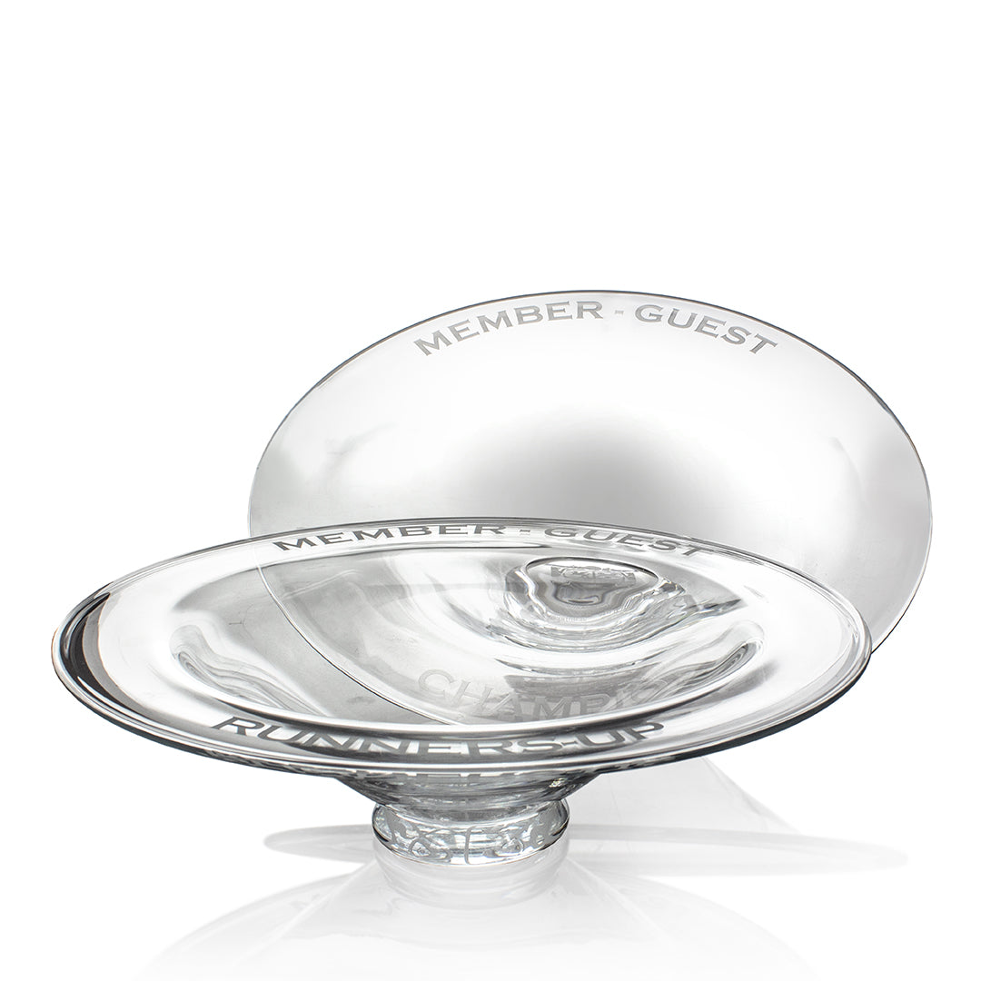 The Crystal Fusion Bowl by Prize Possessions features MEMBER-GUEST and RUNNER-UP engraved on the rim and pairs with a glass plate etched MEMBER-GUEST—an elegant modern decor centerpiece.