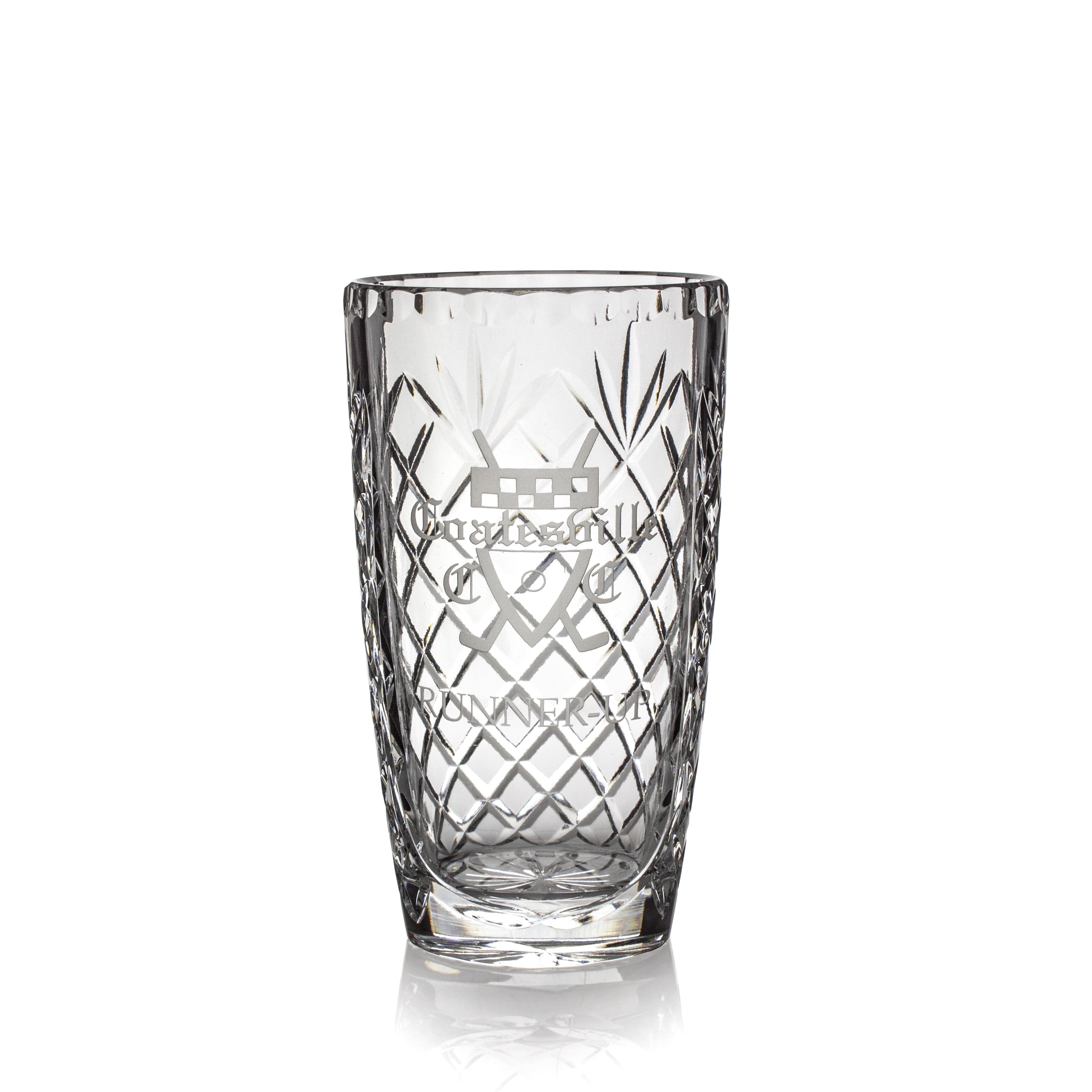 The Crystal Heritage Award by Prize Possessions is a clear faceted crystal tumbler with an etched pattern and engraved crest, ideal as an elegant crystal recognition piece for employee awards.