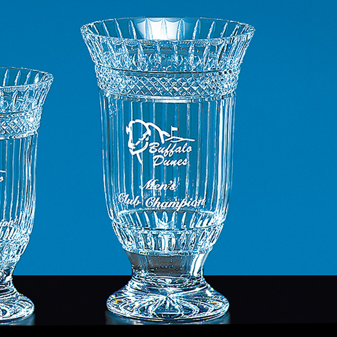 The Crystal Kilmore Award by Prize Possessions is an ornate engraved crystal cup featuring "Buffalo Dunes Mens Club Champion" and a buffalo image—ideal for prestigious corporate recognition against a blue backdrop.