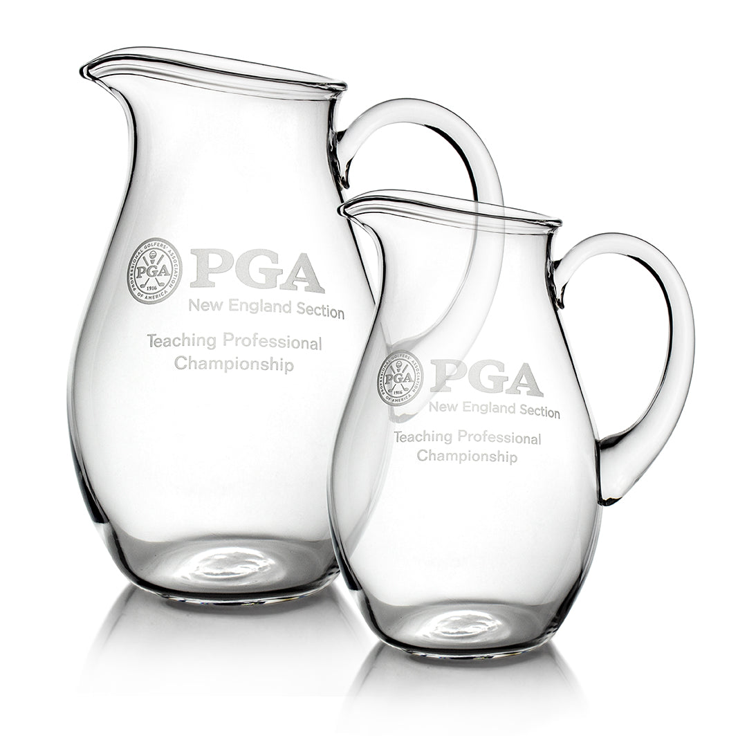 The Prize Possessions Crystal Pitcher, engraved with "PGA New England Section Teaching Professional Championship," is beautifully presented on a white background—ideal for stylish beverage service.