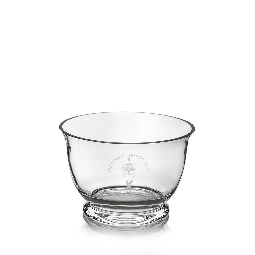 The Crystal Revere Bowl by Prize Possessions features a wide rim, round base, and an etched emblem with "Greenwich Country Club"—an elegant corporate recognition or crystal award, shown on a plain white background.