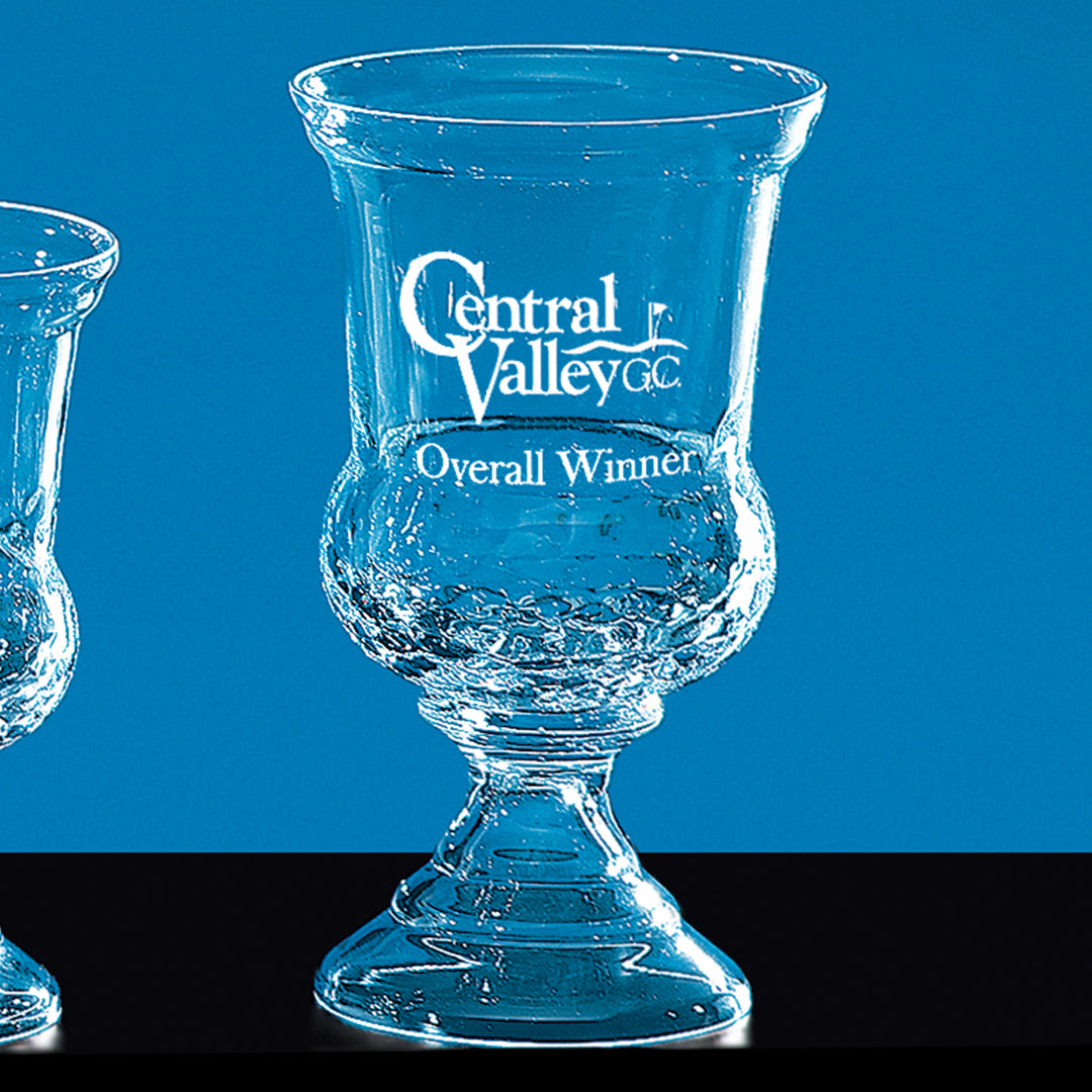 Two Crystal Warrington Trophies by Prize Possessions, one elegantly etched with "Central Valley GC Overall Winner," are displayed against a blue background—ideal for recognition ceremonies or as distinguished corporate awards.
