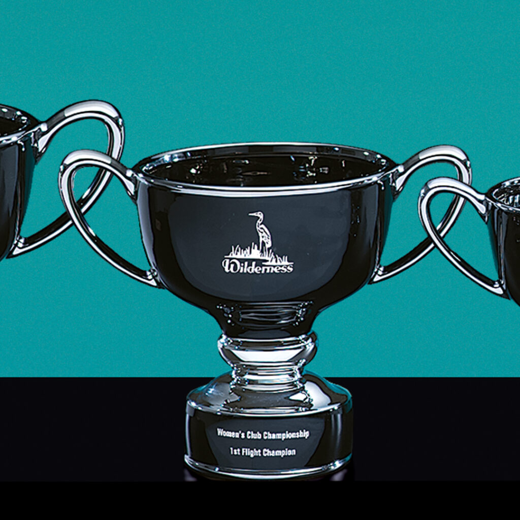 A shiny silver trophy engraved with “Wilderness” and a bird stands on a teal background next to the Prize Possessions Ebony Ceramic Bowl. The trophy’s base reads, “Women’s Club Championship 1st Flight Champion.”.