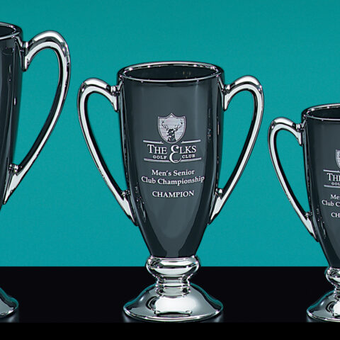 Three Ebony Ceramic Cup trophies by Prize Possessions, each with two handles, are displayed against a teal background. The center trophy is engraved: “The Elks Golf Club, Men’s Senior Club Championship, Champion.”.