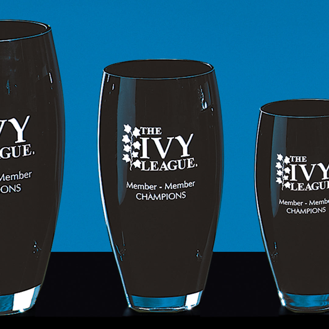 Three Ebony Crystal Vases by Prize Possessions, featuring The Ivy League Member - Member Champions and five stars, set against a blue background in an elegant glass art style.