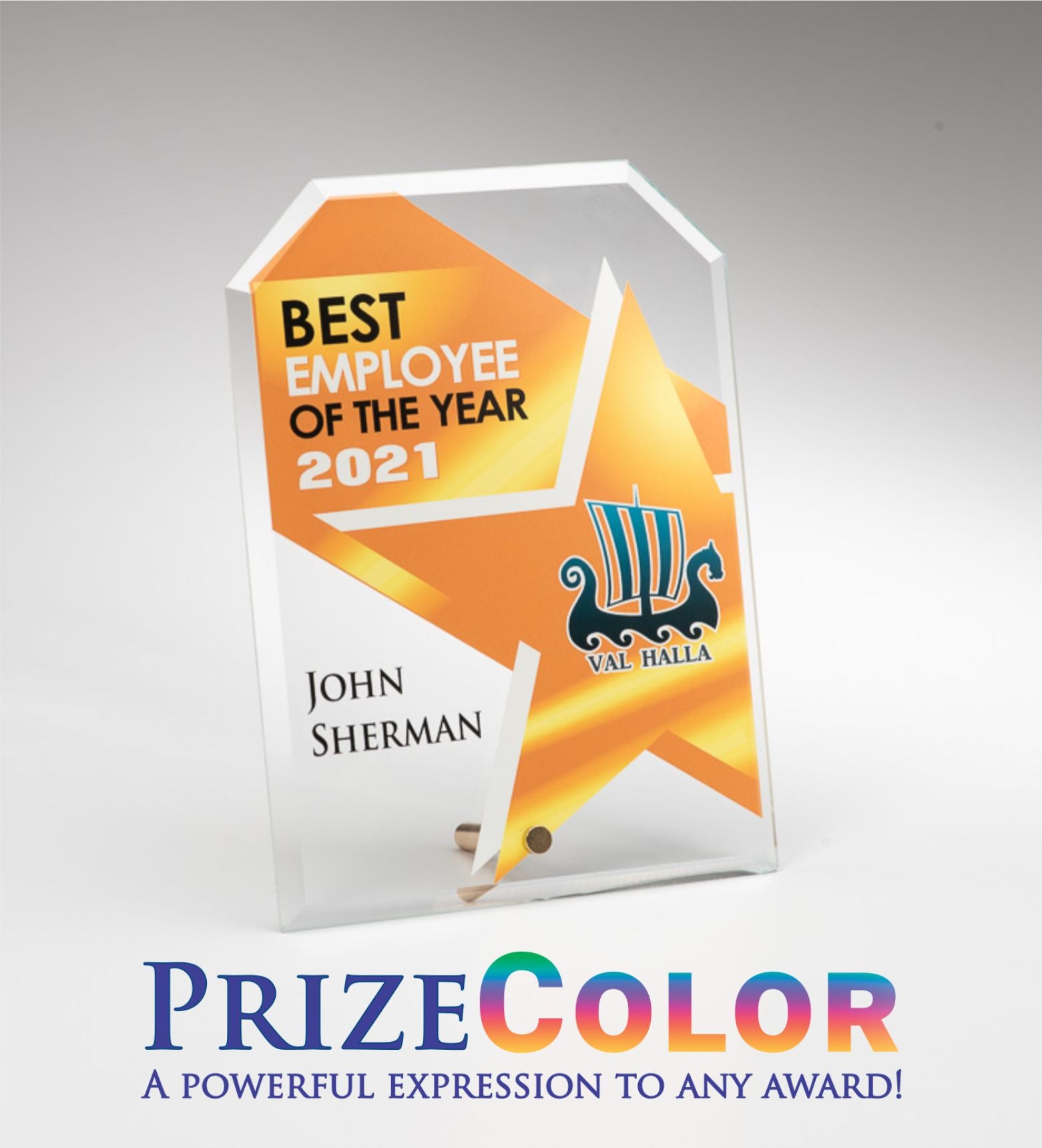 The Glass Canterbury Award by Prize Possessions features an orange-yellow star, “Best Employee of the Year 2021,” a Viking ship logo for Val Halla, John Sherman’s name, and "PrizeColor" in rainbow text—perfect for corporate recognition.