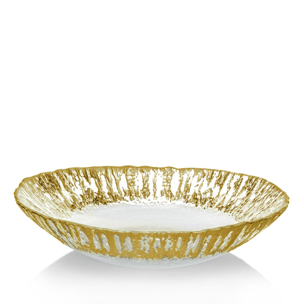 The Prize Possessions Glass Oval Serving Bowl with Gold Trim features a textured, translucent white base and gold accents, making it an elegant decorative centerpiece for any setting. Displayed on a white background.