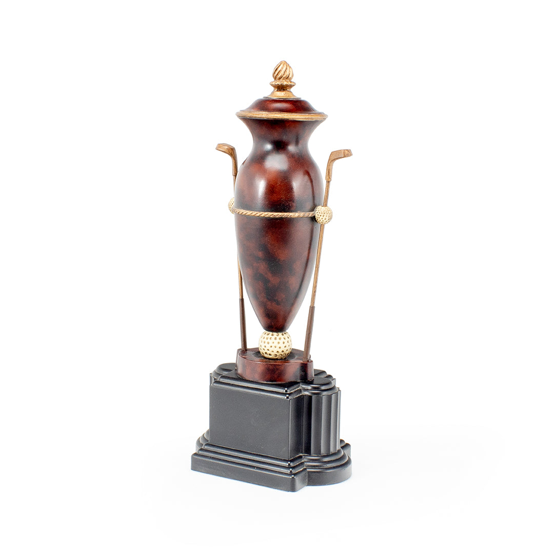 The Heavy Burlwood Golf Club Award by Prize Possessions features a tall brown urn with gold accents, handles, golf clubs, and balls on a black multi-tiered base—an ideal decorative corporate golf trophy.