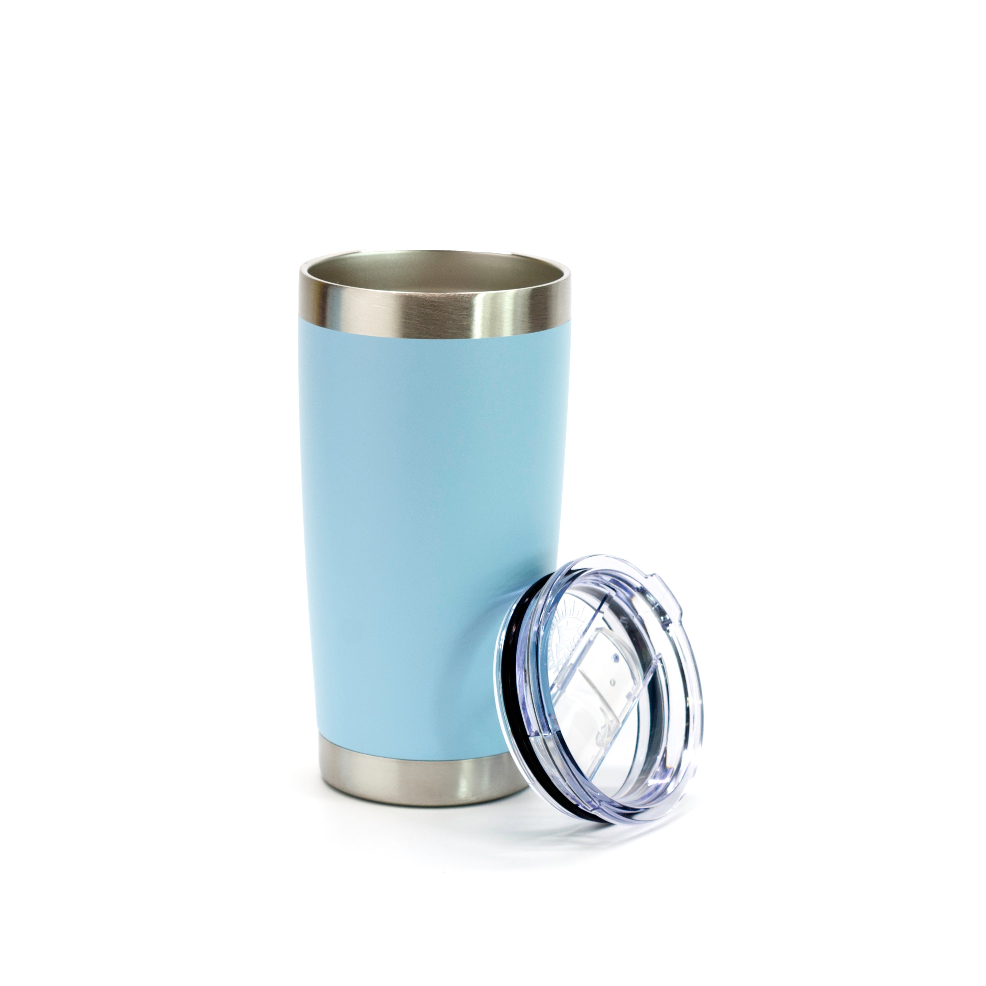 The Light Blue Polar Tumbler by Prize Possessions is a stainless steel travel tumbler with a silver rim and base, shown with its clear plastic lid beside it on a white background.
