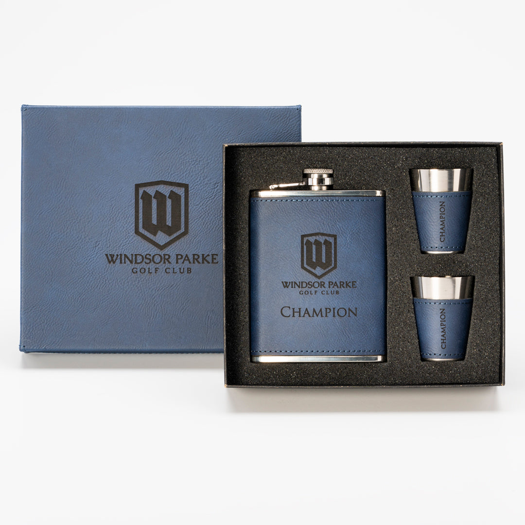 Navy Blue Leatherette Flask Set with 2 Cups