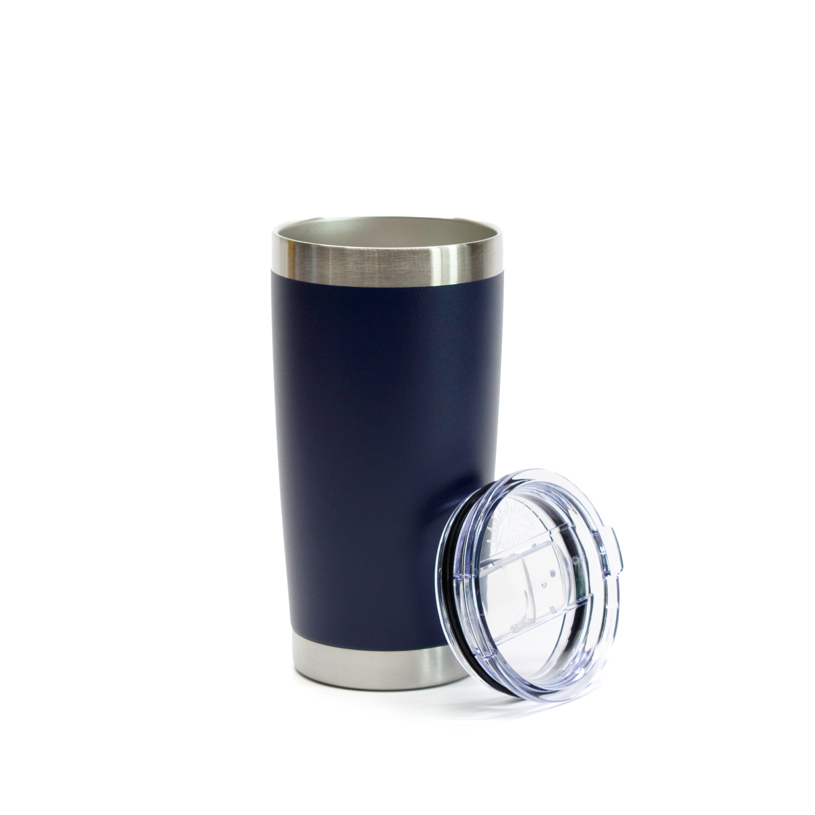 The Prize Possessions Navy Blue Polar Tumbler, made of stainless steel, is displayed on a white background with its clear plastic lid placed beside it.