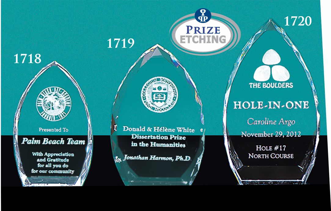 Three Prize Possessions Optic Crystal Award trophies are shown on a blue background, each uniquely etched for corporate awards or employee recognition. The Prize Etching logo appears at the top center.