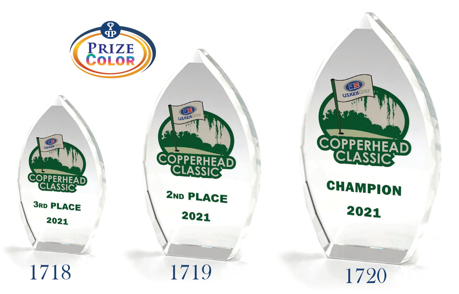 Three Prize Possessions Optic Crystal Award trophies for the Copperhead Classic 2021 are displayed as 3rd Place, 2nd Place, and Champion, each with logos and item numbers 1718, 1719, and 1720—ideal for corporate awards or employee recognition.