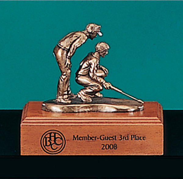 The Partners I Statue by Prize Possessions features two golfers on a wooden base—perfect for employee or corporate recognition events.