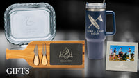 A selection of gifts including a glass tray, insulated travel mug, cheese board with utensils, and a framed photo of golfers, displayed on a black background. The word GIFTS appears in the bottom left corner.