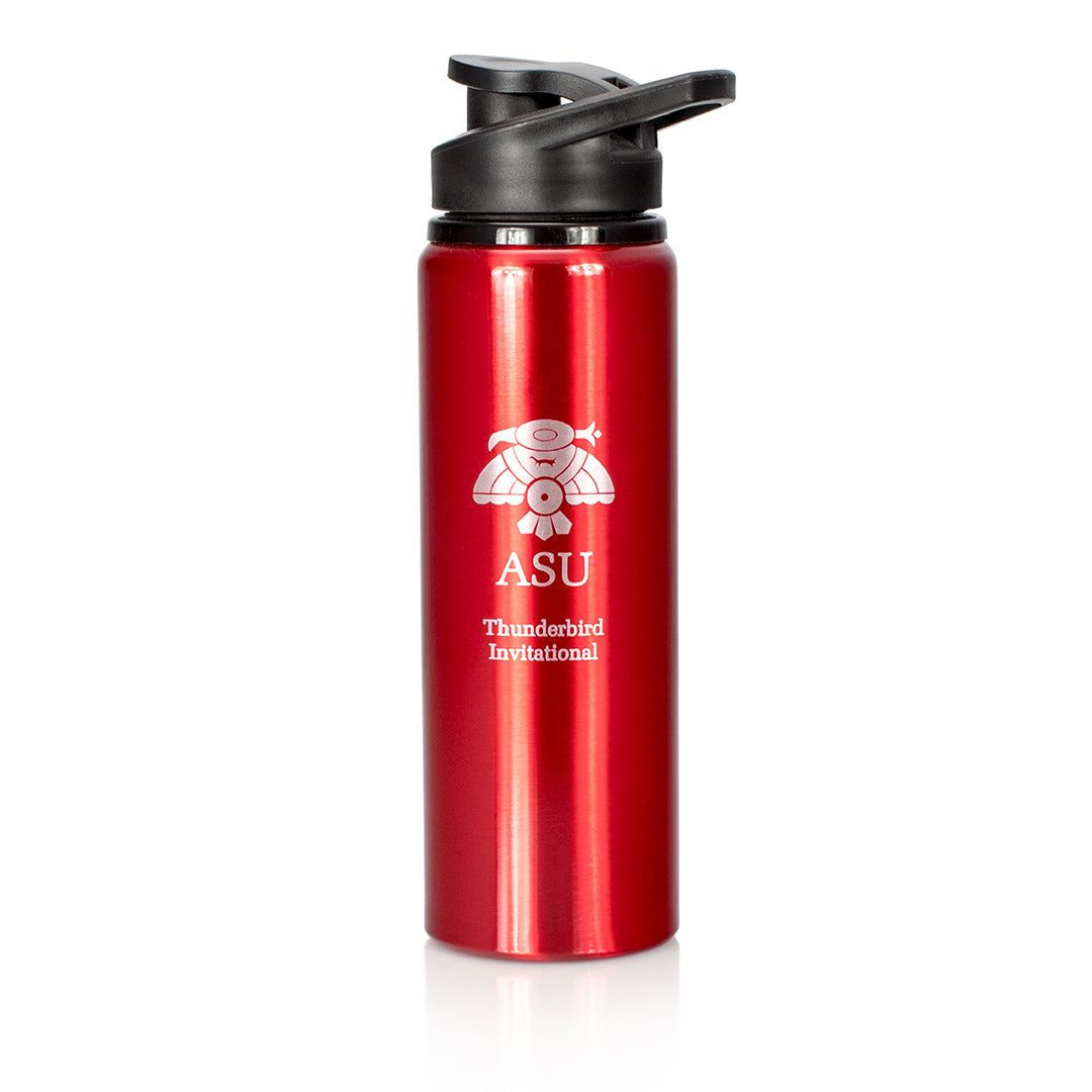 The Prize Possessions Red Water Bottle features a black flip-top lid and displays a white Thunderbird logo with "ASU Thunderbird Invitational" on the front, offering portable hydration for your active lifestyle.