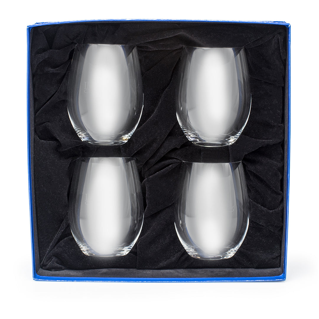 The Prize Possessions Riedel O Series Stemless Wine Glass Gift Set of 4 (ea. 1607) features elegant crystal glasses in a square blue box lined with black fabric—an ideal gift for wine lovers.