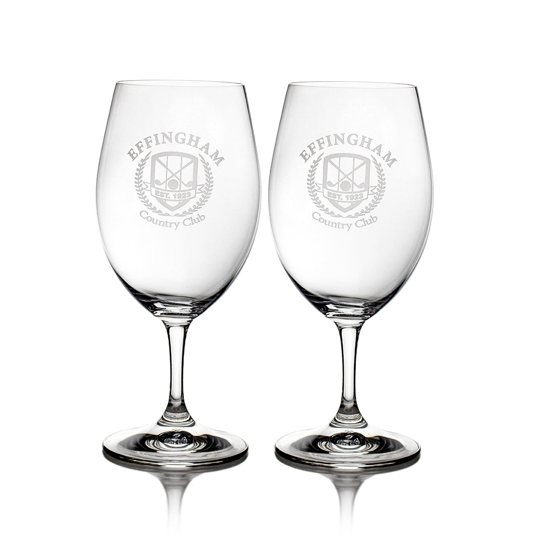 The Prize Possessions Riedel Overture Magnum Wine Glass Gift Set (2 ea. 1612) features two clear crystal glasses with EFFINGHAM Country Club and crest logo etching—an elegant wine tasting gift set on a white background.