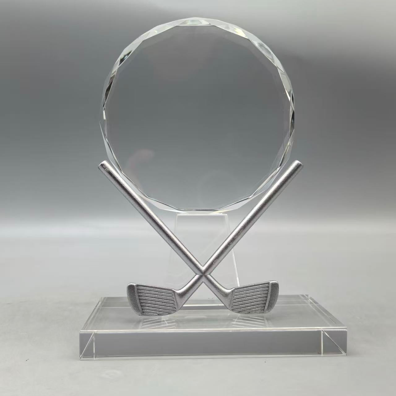 Round Crystal Award with Crossed Golf Clubs