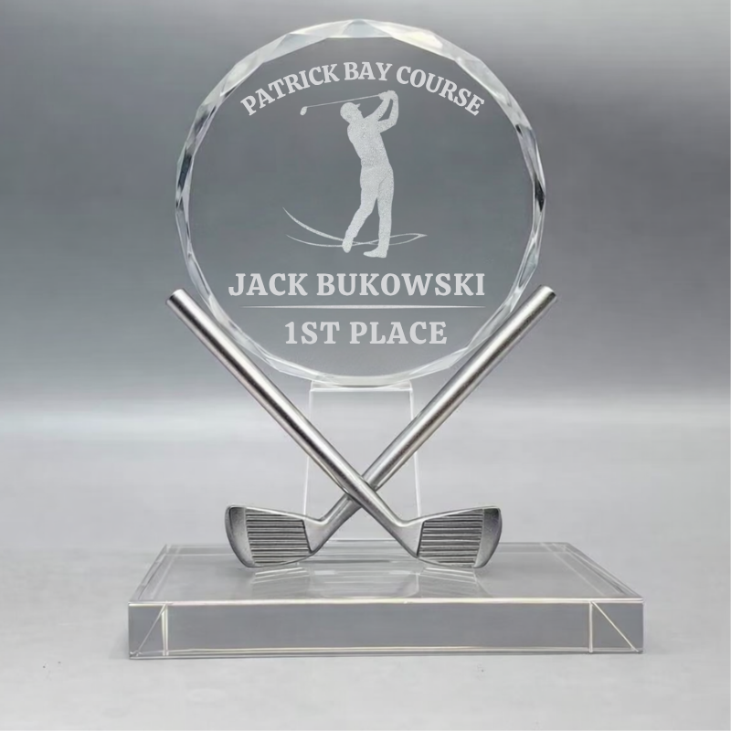 Round Crystal Award with Crossed Golf Clubs
