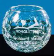The Prize Possessions Crystal Bowl features engraved text "NONQUITT Womens Single Winner" and makes an ideal commemorative display piece, showcased against a striking blue and black background.