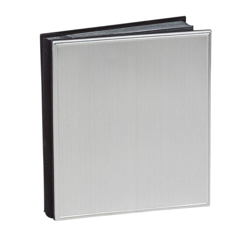 The Prize Possessions Silverplate Photo Album (Holds 100 Photos) features a closed, square design with a black spine—an elegant choice for storing memories or giving as a wedding gift.