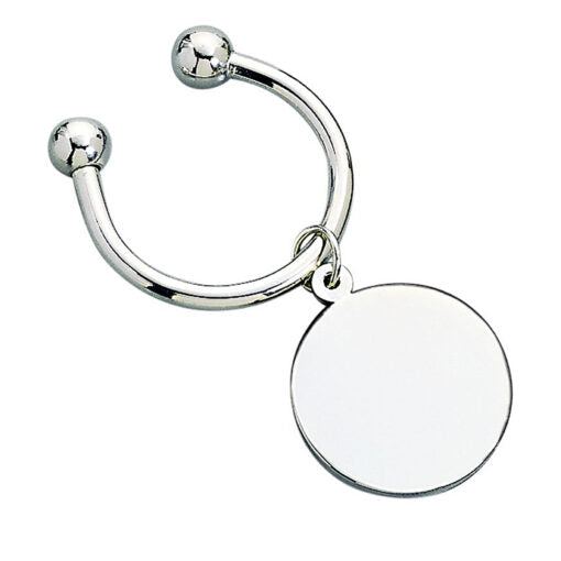 The Prize Possessions Silverplate Round Keychain features two ball ends and a blank circular tag for personalization. A perfect gift, it comes on a plain white background.
