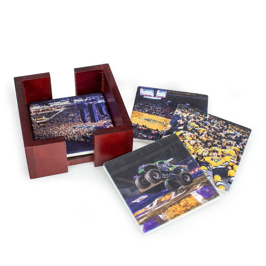 The Prize Possessions Square Sandstone Coaster Set includes 4 coasters with sports and event images plus a wood caddy, offering stylish tabletop protection from drink rings.