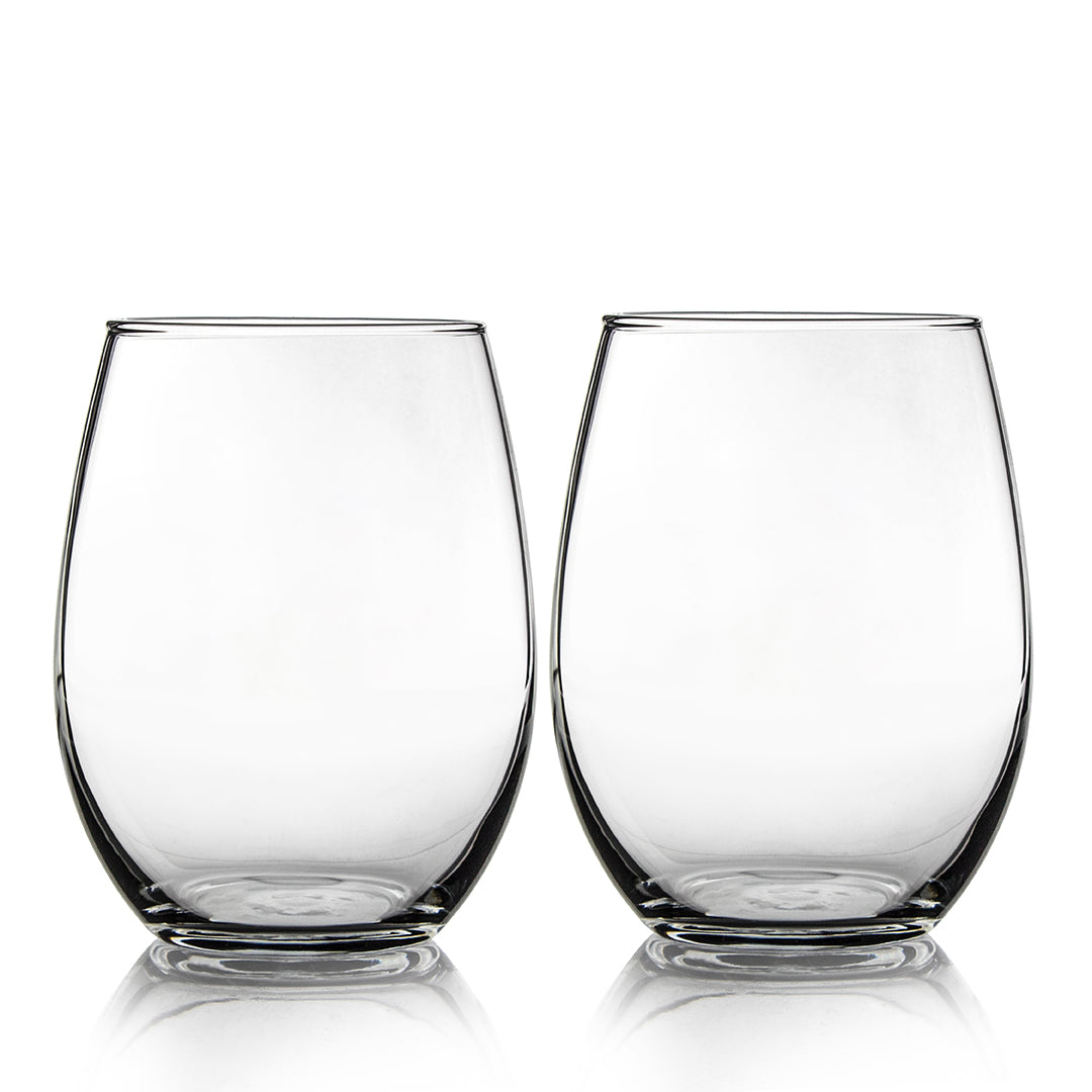 The Prize Possessions Stemless Wine Gift Set (2 ea. 2054) features two clear, empty glasses side by side on a white background—an elegant addition to any wine gift set or a thoughtful hostess gift.