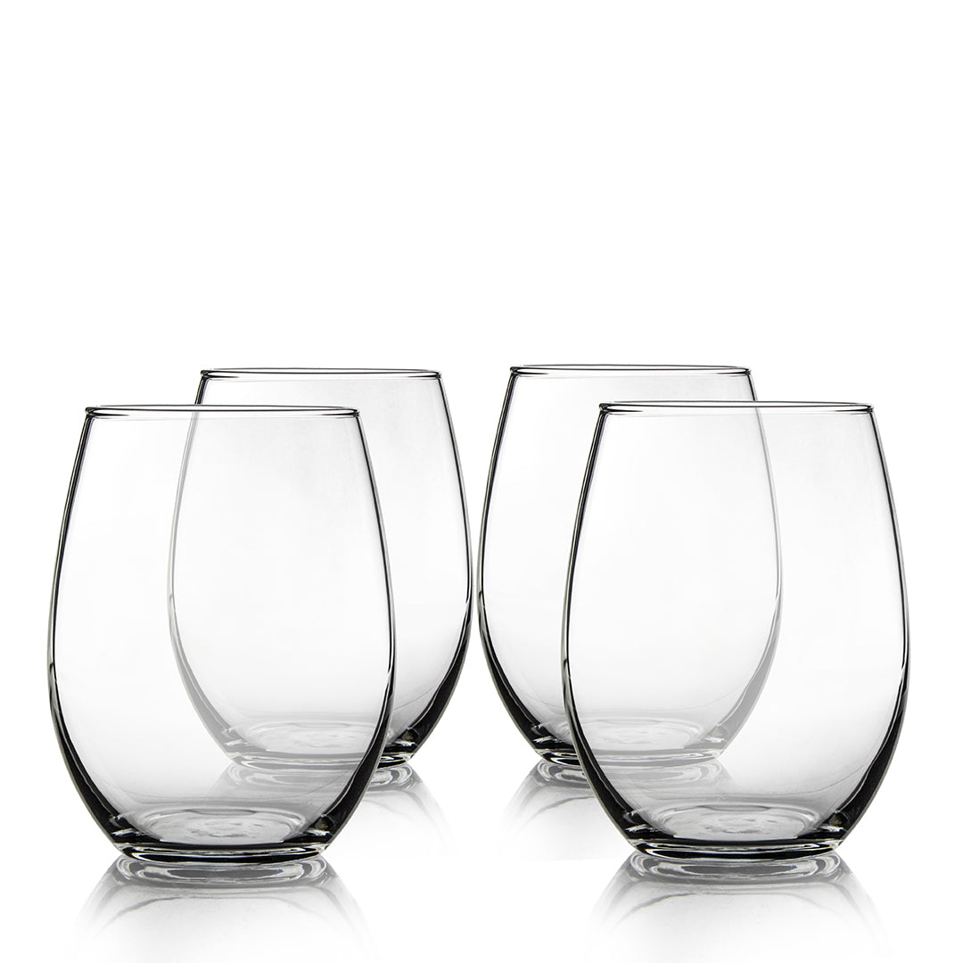 The Prize Possessions Stemless Wine Gift Set (4 ea. 2054) includes four smooth-rimmed, rounded glasses arranged in two rows, perfect for outdoor entertaining and an elegant addition to any wine gift set.