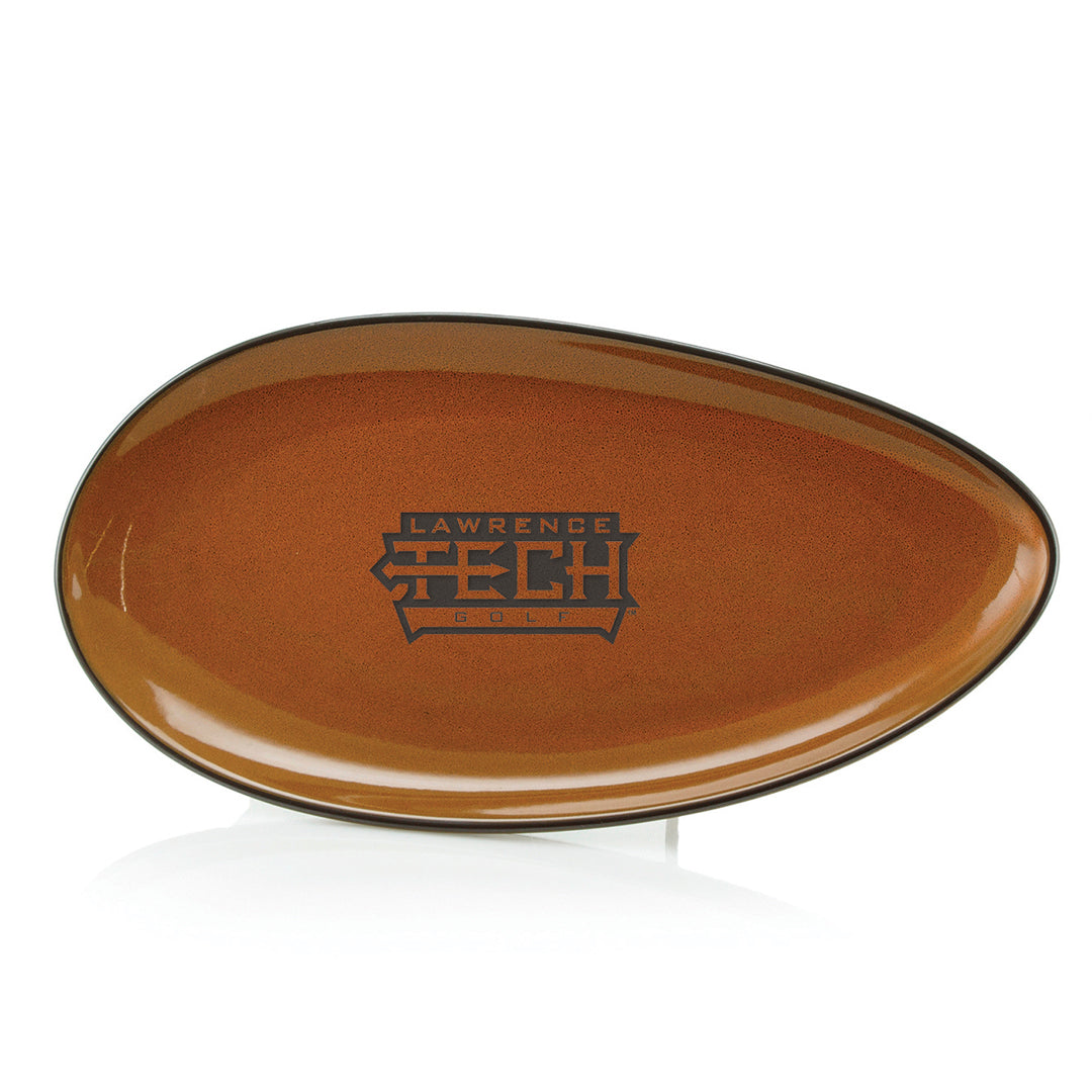 Brown, oval-shaped Prize Possessions Stoneware Terracotta Platter with a black rim and the Lawrence Tech Golf logo at the center, shown upright on a stand against a white background.