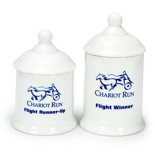 The Prize Possessions White Ceramic Containers feature blue chariot and horse graphics with "Chariot Run Flight Runner-Up" and "Chariot Run Flight Winner" text—ideal as countertop organizers or display pieces.